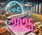  une illustration qui représente les défis auxquels l'industrie agroalimentaire pourrait être confrontée en 2025. Elle intègre des éléments liés à la logistique, la législation, le climat et les produits alimentaires comme les œufs, la viande, les céréales et le beurre. 