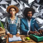 un agriculteur et une femme d'affaires pris dans une tempête de papier