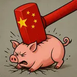 Un marteau aux couleurs du drapeau chinois qui écrase un cochon
