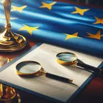 un document officiel avec une loupe et un drapeau européen en arrière plan