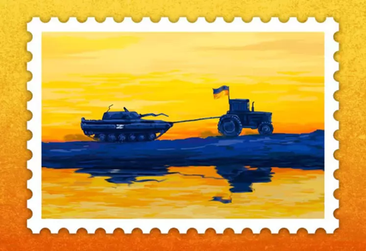 La poste ukrainienne vient d'éditer un timbre à l'effigie des tracteurs tirant les chars russes abandonnés, symbole de la résistance rurale. 