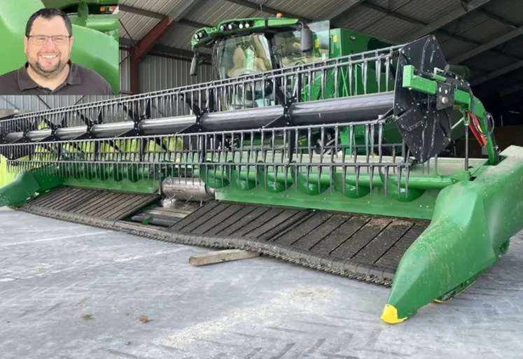 <em class="placeholder">Adrien Bury, inspecteur technique récolte chez John Deere, et moissonneuse batteuse John Deere avec couple flexible Draper</em>