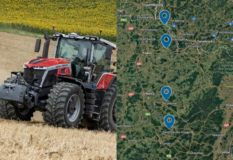 <em class="placeholder">Tracteur Massey Ferguson 8S et carte présentant les quatre bases commerciales du concessionnaire Vautrin-Cherrier </em>