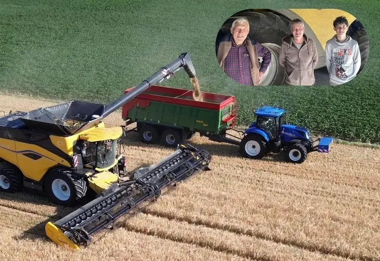 <em class="placeholder">Gabriel Avril, ici entouré de son père Françis Avril et de son fils Antonin Avril avec la moissonneuse-batteuse New Holland CR10 à la vidange dans benne Gyrax attelée à ...</em>