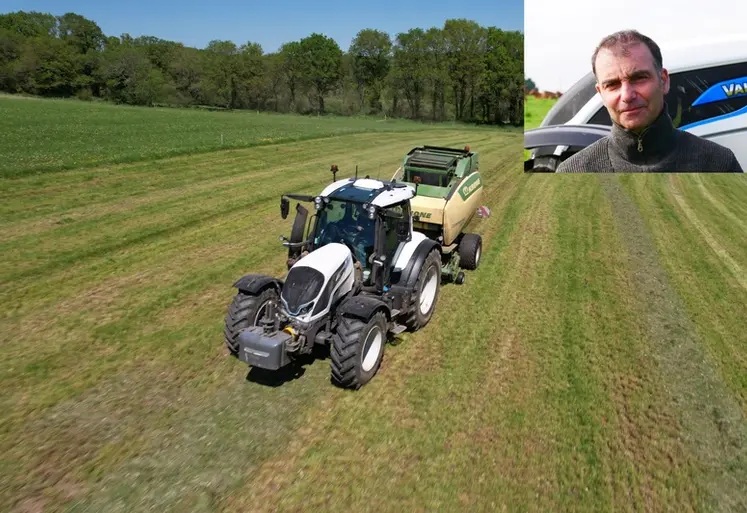 <em class="placeholder">Tracteur Valtra N155ED avec une presse à balles rondes Krone.</em>