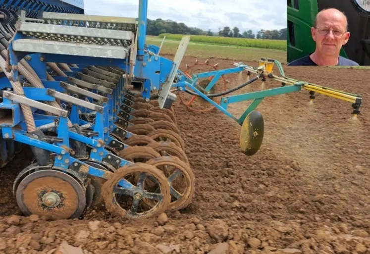 <em class="placeholder">Hugues Devey, agriculteur dans la Somme et semoir en lignes Lemken avec rampe de pulvérisation Gam Agri Pièces</em>