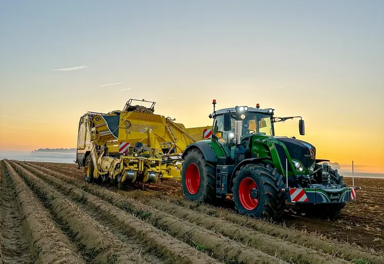 <em class="placeholder">Arracheuse de pommes de terre traînée deux rangs Ropa Keiler 2 avec tracteur Fendt 828 Vario</em>