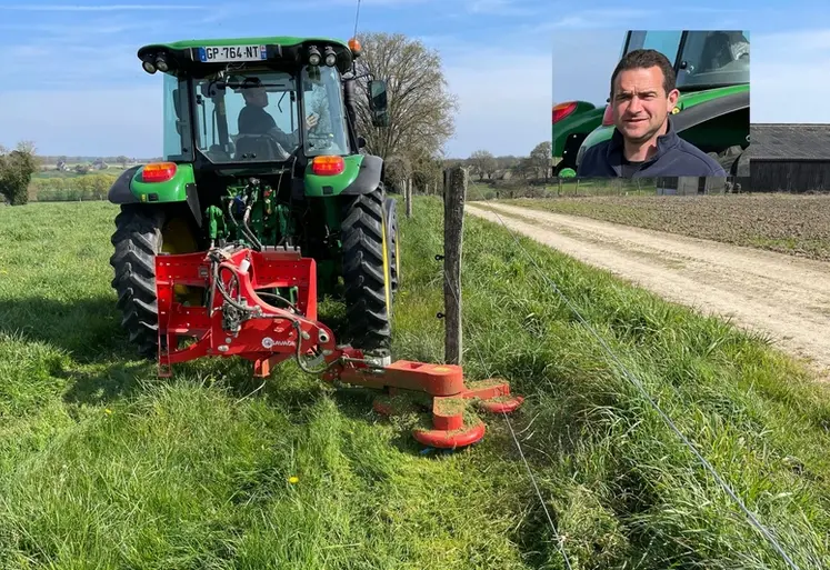 <em class="placeholder">Matthieu Boullard, éleveur dans la Sarthe, devant son broyeur sous clôture ZK3 de Kneilmann et son tracteur John Deere 5100 M</em>