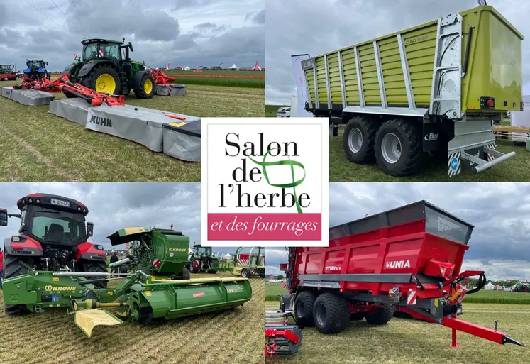 Faucheuse Kuhn GMD 15030, remorque à ensilage Fliegl Cugo, faucheuse Krone et épandeur de fumier Unia