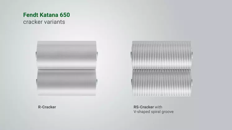 Sur les ensileuses Katana, Fendt propose deux types d’éclateurs à rouleaux de 300 mm de diamètre, le R-Cracker et le RS-Cracker, qui réalise en plus un effet de cisaillement latéral sur le tapis végétal.