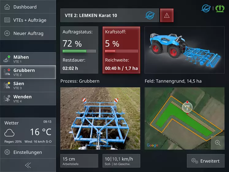 Interface utilisateur pour le suivi du tracteur autonome Combined Powers de Krone et Lemken