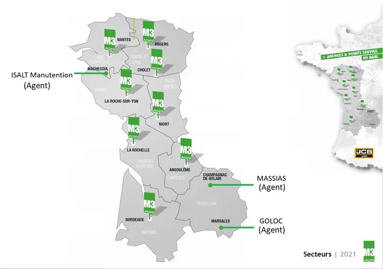 Carte du secteur commercial de M3 agri, groupe Dubreuil et concessionnaire JCB