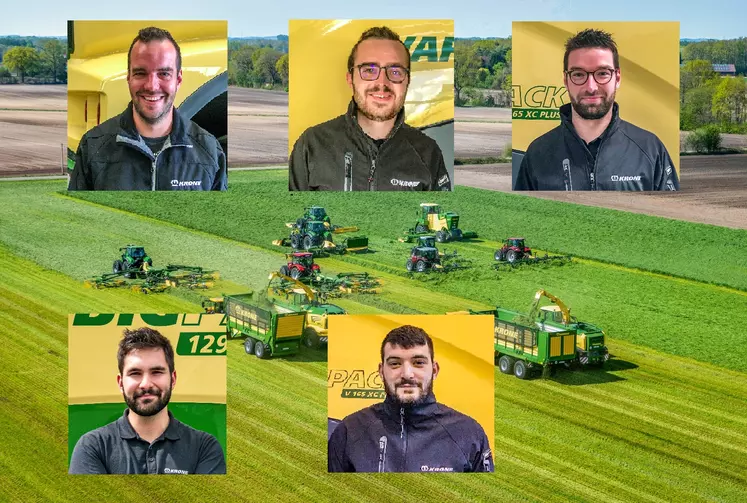 Recrutement Krone France : en haut, Arnaud Gaumont, Dany Levavasseur et Benoît Robidou ; en bas, Thomas Cubells et Mathieu Moscone.