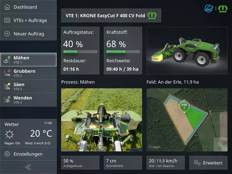 Ecran de l'interface de contrôle du tracteur autonome Combined Powers de Krone et Lemken 