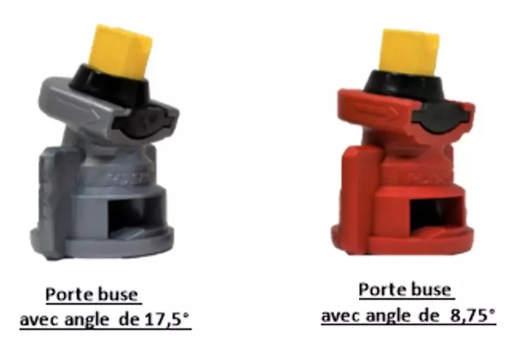 Les porte-buses Horsch pour la pulvérisation en bandes se déclinent en deux angles : 8,75 et 17,5°.