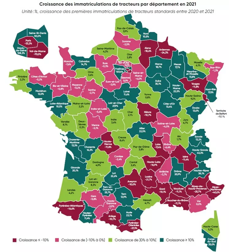 Evolution des immatriculations de tracteurs standards par département en 2021