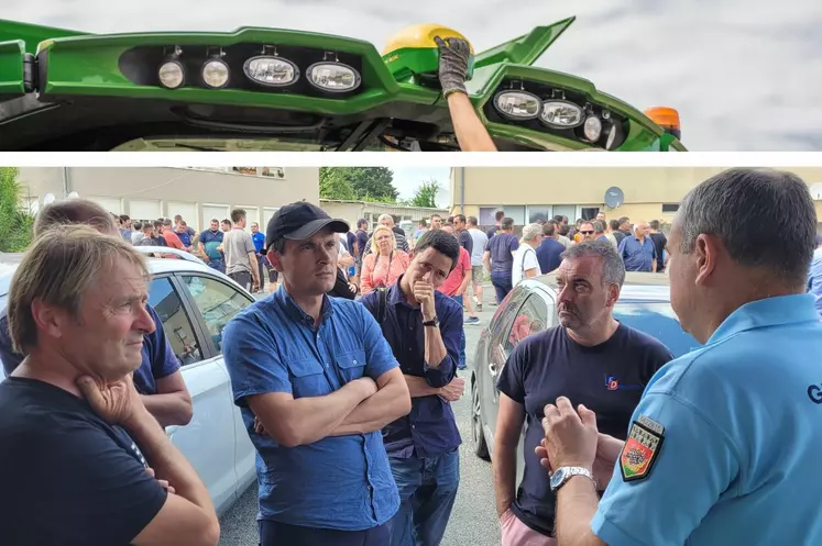 Près d'une centaine de personnes étaient rassemblées à Ombrée d'Anjou, où siègerait un réseau de trafic d'équipements agricoles. 