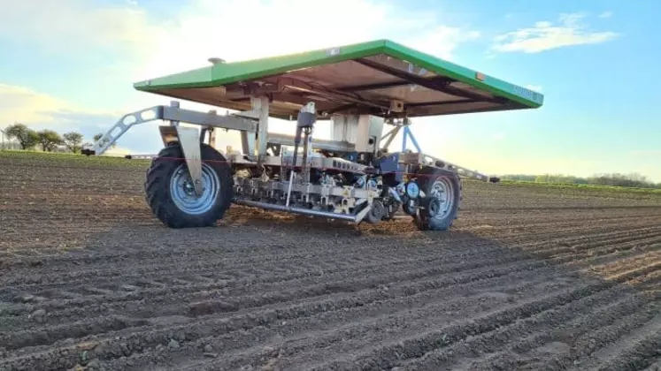 Le FD 2 de Farmdroïd est un robot doté d’un panneau solaire assurant le semis et le désherbage de cultures. 
