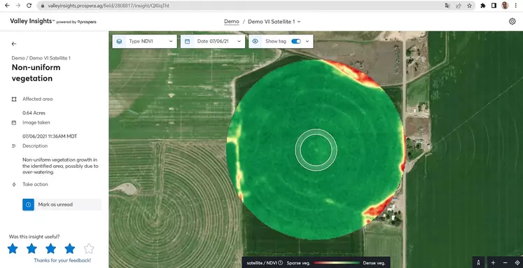 Mesure de l’indice NDVI à partir d’images satellites, mettant en évidence des zones où la végétation est sous développée, ayant pour origine probable, un arrosage excessif. 