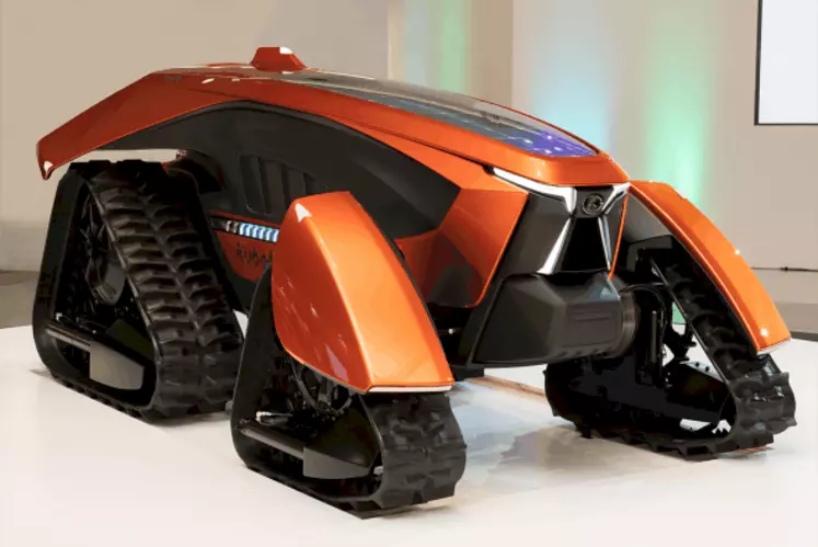 Le concept de tracteur autonome de Kubota s’appuie sur un tracteur sans cabine doté de chenilles. 