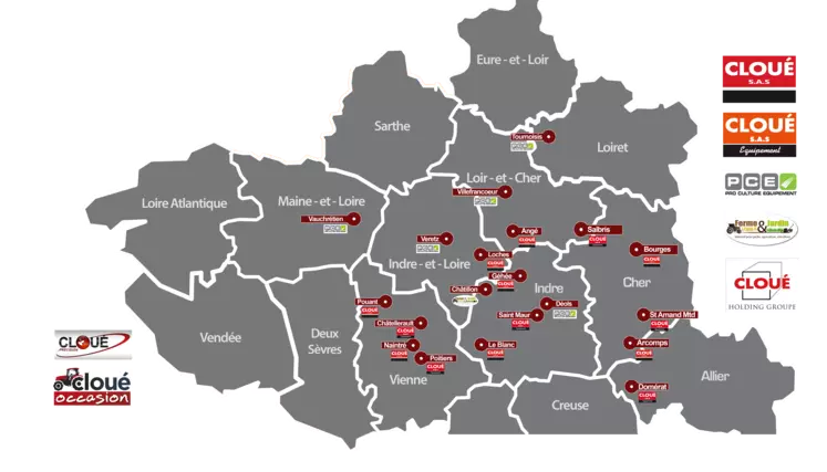 Le groupe familial Cloué est présent sur six départements avec l’entité Cloué SAS : Loir-et-Cher (41), Cher (18), Indre (36), Vienne (86), Creuse (23) et Indre-et-Loire (37).