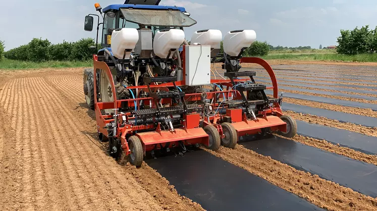 Le système ModulaJet de la société italienne Forigo Roter transperce les films plastiques avec la graine projetée sous pression d’air. Le petit trou formé évite aux mauvaises herbes de se développer.