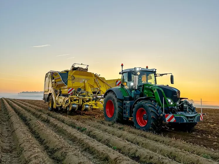 Arracheuse de pommes de terre traînée deux rangs Ropa Keiler 2 avec tracteur Fendt 828 Vario