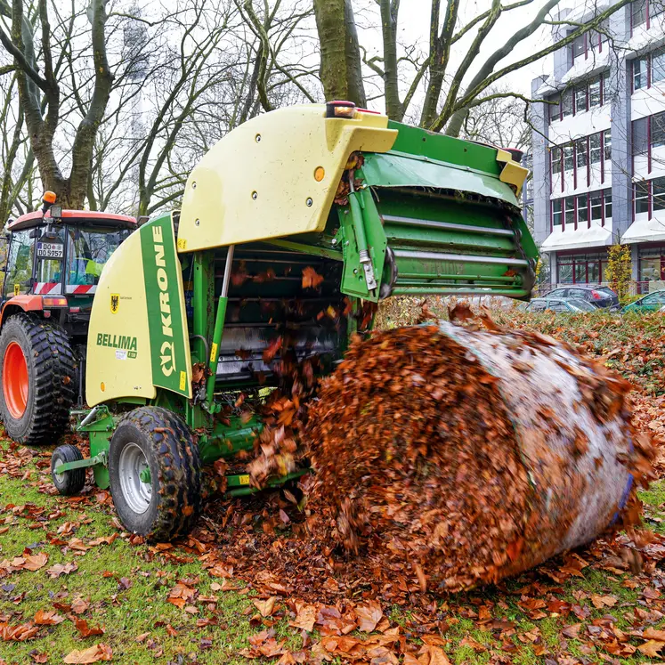 Presse à balle ronde Krone récoltant des feuilles mortes sur la voirie allemande.