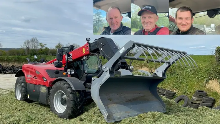 <em class="placeholder">Benoit Lecler et Flavien Lecler, agriculteurs à Ouville (Manche - 50) et leur salarié Paul Lecler, essayeurs du chargeur télescopique Case IH Farmlift 742</em>