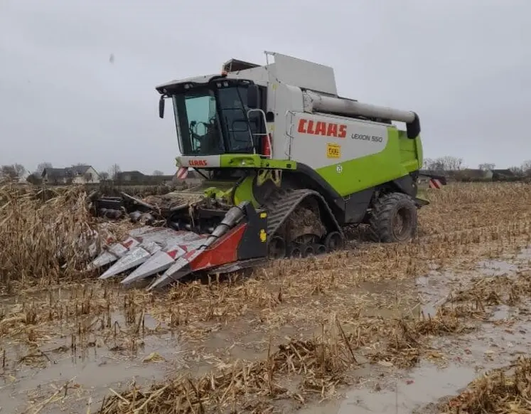 Moissoneuse batteuse Claas à la récolte de maïs dans des conditions très humides