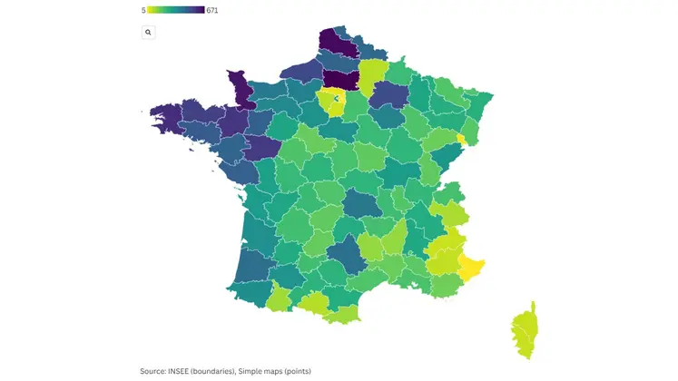 Carte de France avec le nombre d'immatriculations tracteur par département 