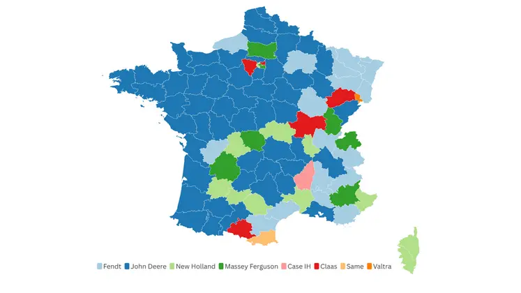 Carte de france par dep avec le classement des trois première marques de tracteurs agricoles