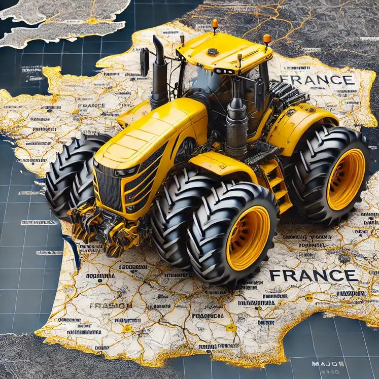 Tracteur jaune avec roues jumelés sur une carte de France
