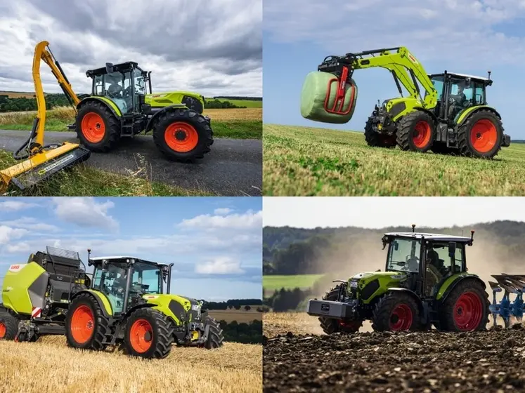 <em class="placeholder">Vue de quatre tracteurs Claas Axos série 3 avec épareuse, chargeur frontal, presse à balle ronde et charrue.</em>