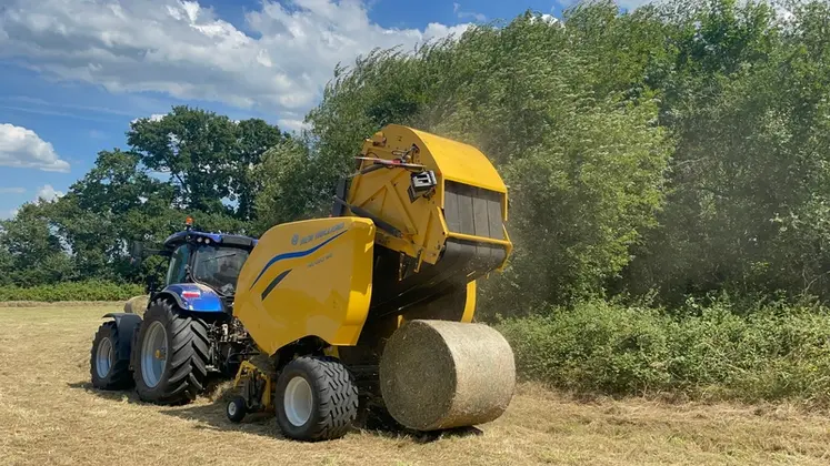 <em class="placeholder">Presse à balles rondes à chambre variable New Holland Pro-Belt 165 au travail dans le foin de première coupe</em>