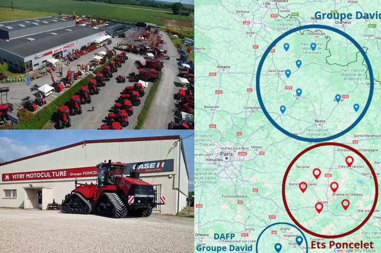 Vue d'un parc de tracteurs Case IH et des secteurs commerciaux du groupe David et des Ets Poncelet. 