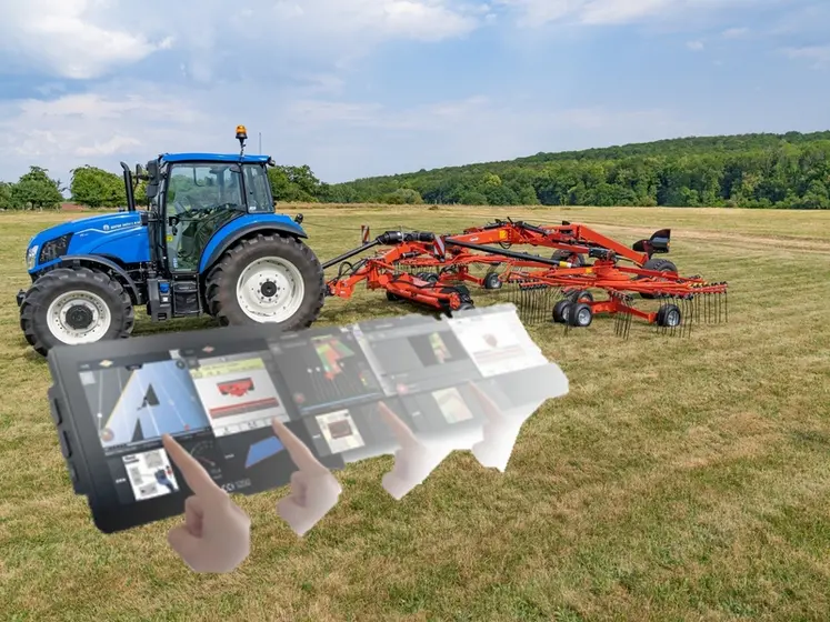 <em class="placeholder">Tracteur New Holland attelé à un andaineur Kuhn</em>