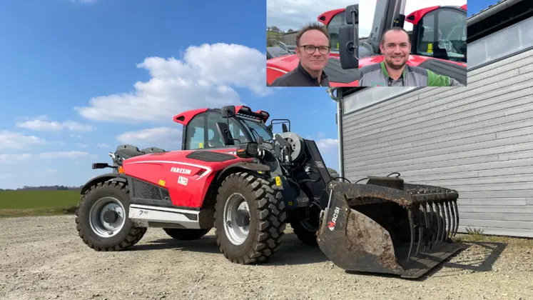 <em class="placeholder">Jean-Marie Toutain, agriculteur dans l'Orne, et son salarié David Couillard devant le chariot télescopique Faresin</em>