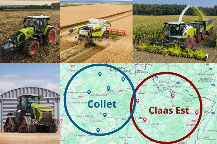 <em class="placeholder">Machines agricoles automotrices Claas et une carte indiquant la position de Collet et Claas Est.</em>