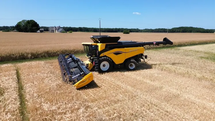 <em class="placeholder">Moissonneuse-batteuse New Holland CR10 de Gabriel Avril avec coupe MacDon FD241 FlexDraper à la récolte de l'orge en juin 2025.</em>