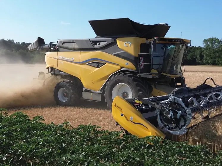 <em class="placeholder">Moissonneuse-batteuse New Holland CR10 de Gabriel Avril avec coupe MacDon FD241 FlexDraper à la récolte de l'orge en juin 2025.</em>