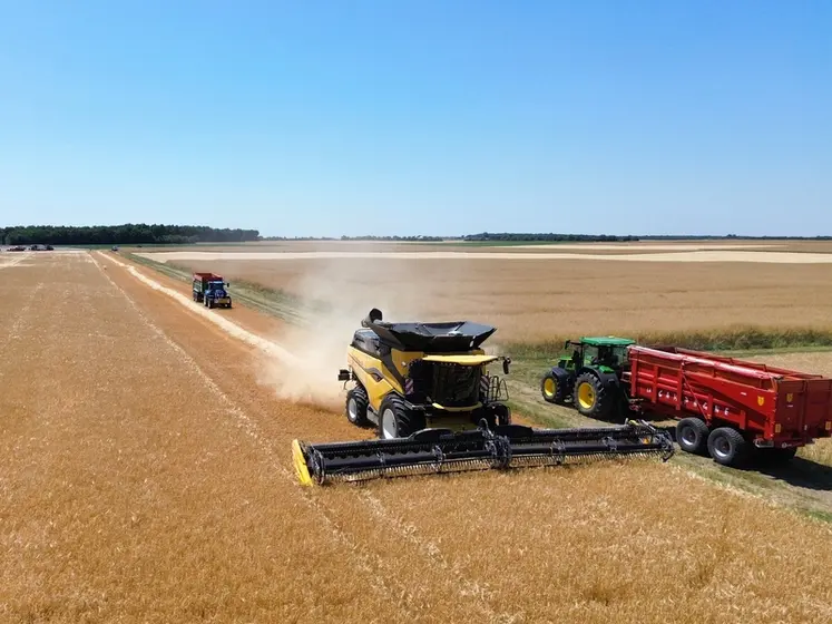 <em class="placeholder">Moissonneuse-batteuse New Holland CR10 de Gabriel Avril avec coupe MacDon FD241 FlexDraper à la récolte de l&#039;orge en juin 2025, avec tracteur John Deere et benne La Campagne</em>