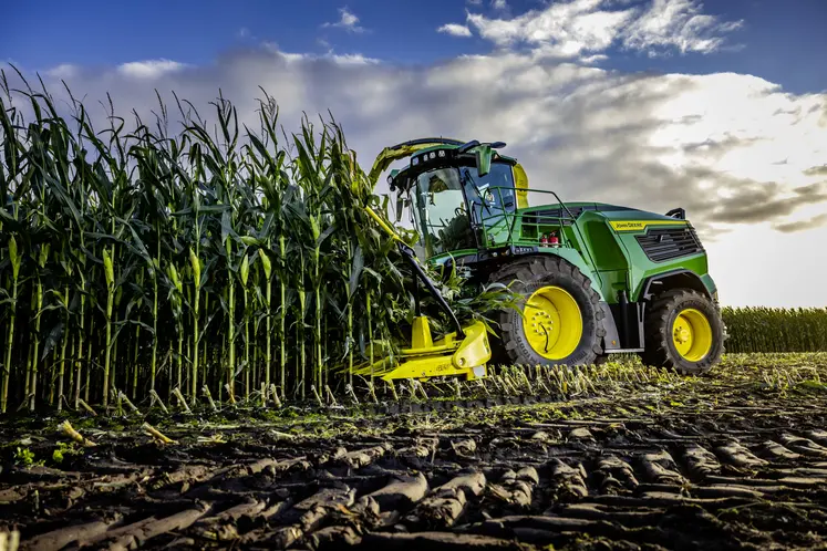 Ensileuse automotrice JD F8 600 à la récolte d'ensilage de maïs