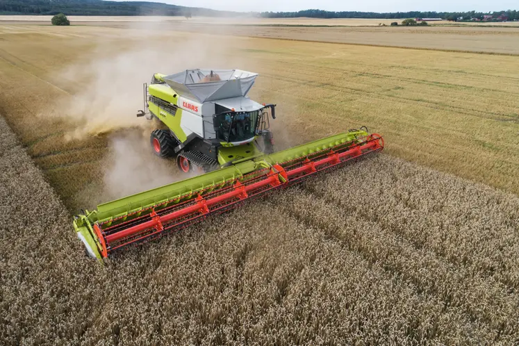 <em class="placeholder">Moissonneuse-batteuse Claas Lexion 8900 et coupe à tapis flexible Convio Flex 1530 d'une largeur de 15,30 mètres dans un champ de blé.</em>