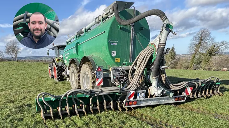 Adrien Letellier, trésorier de la Cuma du Don de Landelles-et Coupigny dans le Calvados, et la tonne à lisier Samson TG20 équipée d’un injecteur à disques spécial prairie