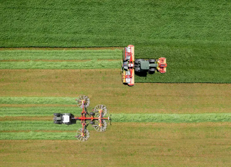 <em class="placeholder">Vu aérienne d'un groupe de fauche triple Pöttinger et d'un andaineur à quatre rotors Pöttinger.</em>
