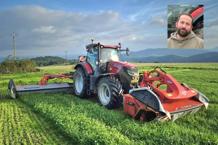 <em class="placeholder">Combiné de fauche Kuhn GMD 9530 RV/FC 3125 DF attelé à un tracteur Case IH Puma 200</em>