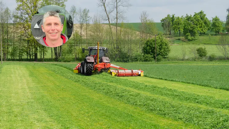 <em class="placeholder">Benoit Delafosse, agriculteur à Torigny-Les-Villes dans la Manche, et tracteur Case IH avec groupe de fauche Pöttinger au travail composé d'une faucheuse frontale Novacat ...</em>