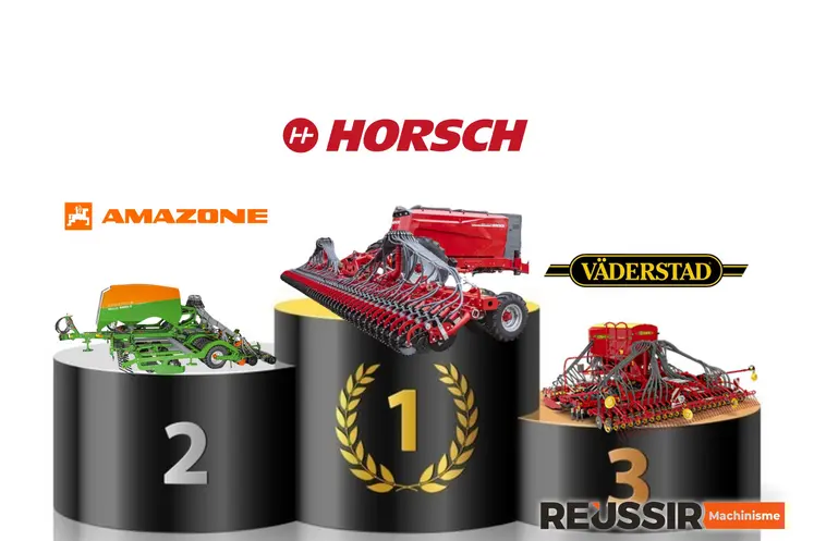 Podium avec des semoirs en ligne traînés Amazone, Horsch et Väderstad