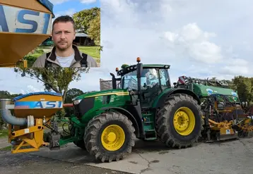 <em class="placeholder">Tracteur John Deere 6R 195 avec combiné de semis Alpego avec trémie frontale</em>